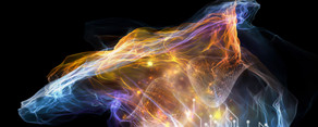 Header - Wolke Sphärische Grafik einer aus verschiebenfarbenen Gasen und Elementen zusammengesetzten Wolke, auf dunklem Hintergrund